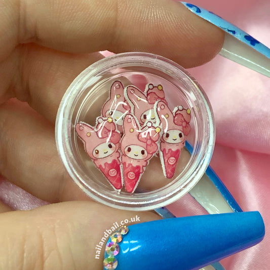 Introducing our 6pcs Handmade My Melody Ice Cream Nail Charms – a whimsical and adorable addition to your nail art! 🍦Featuring cute pink ice cream cones with My Melody's head as the ice cream, these charms effortlessly add a touch of kawaii charm to your manicure. Order now and let your nails become a canvas of cuteness and creativity!💅