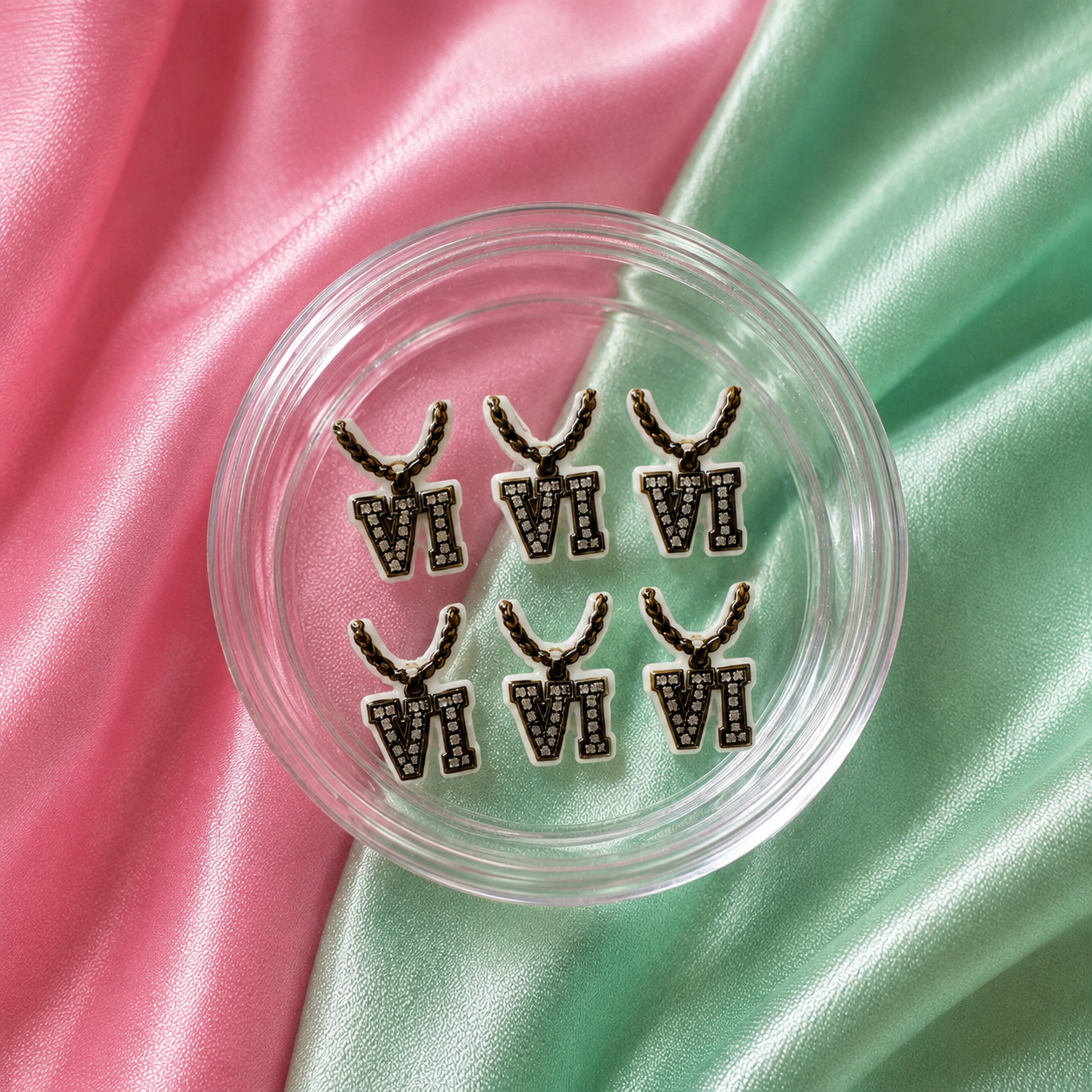 6pcs Diamond VI chain nail charms for GTA 6-inspired Vice City gamer nails, pink chrome and Y2K press-ons