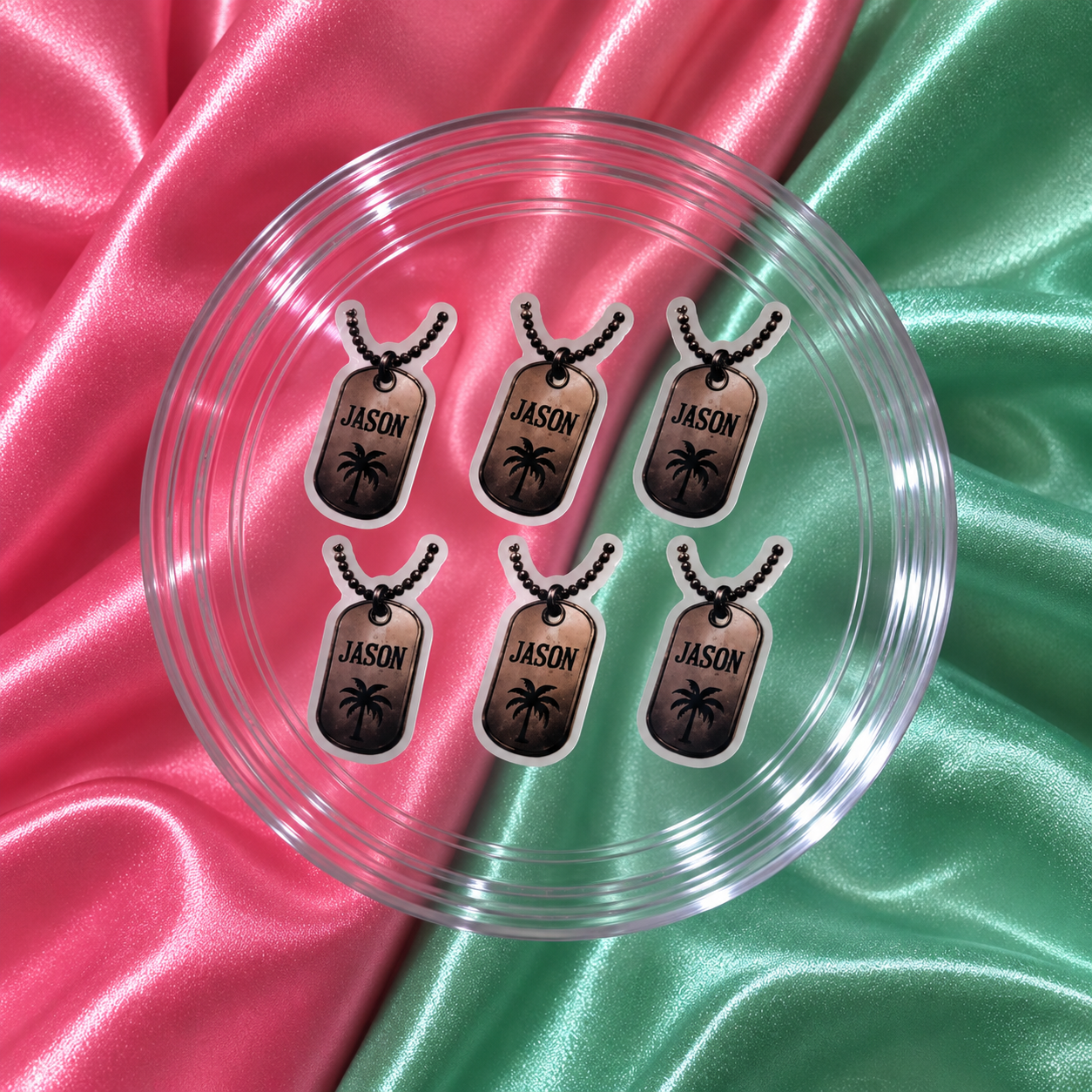 6pcs Jason-inspired dog tag nail charms for GTA 6-style gamer nails and Vice City-inspired press-on nail art