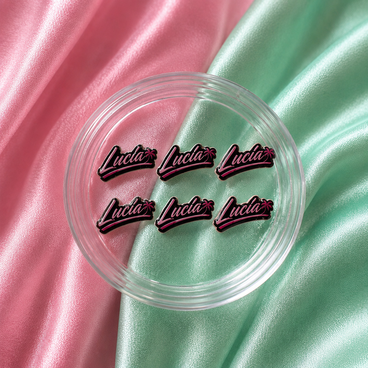 6pcs Lucia-inspired name nail charms for GTA 6-inspired gamer nails and Vice City-style press-on nail art