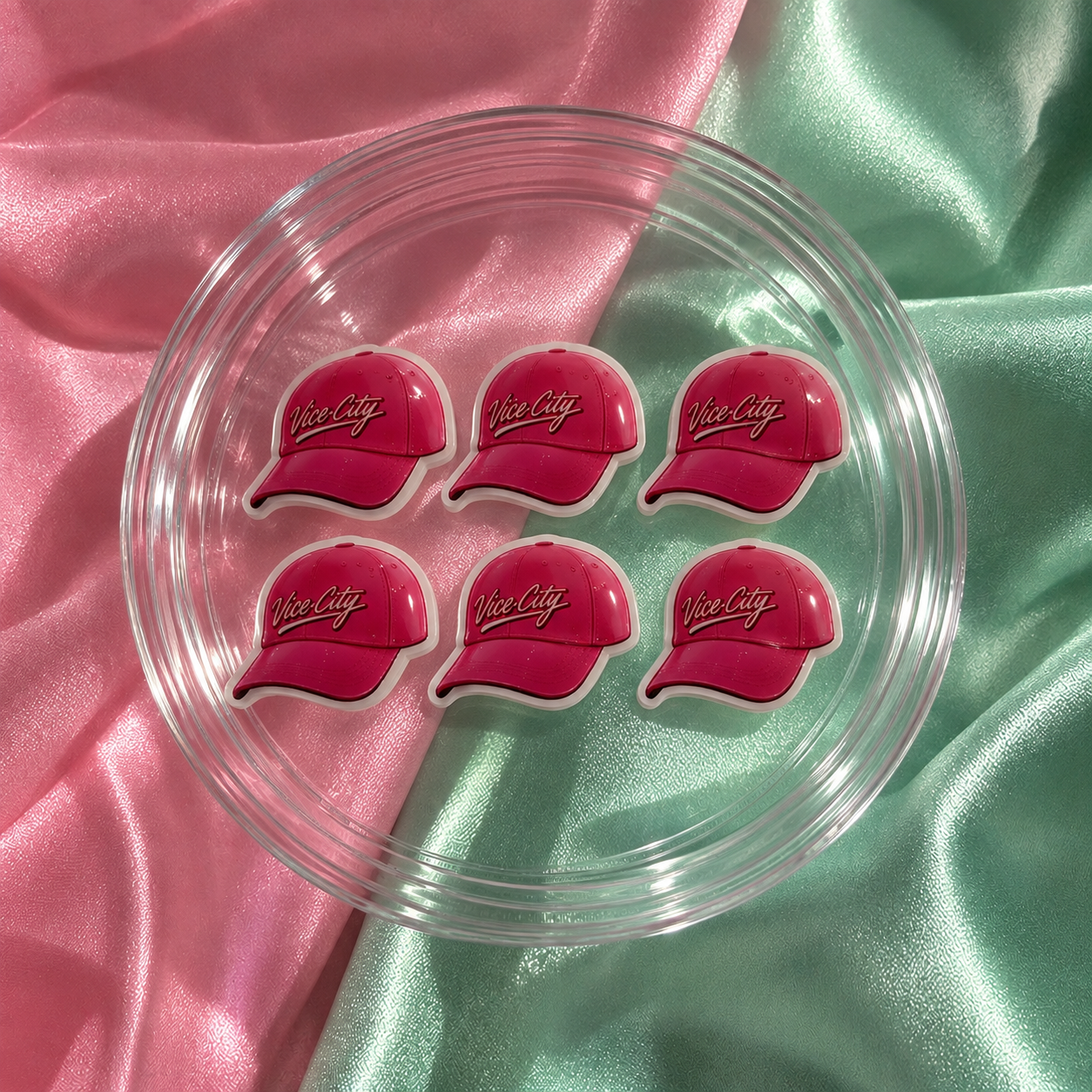 6pcs pink cap nail charms for GTA-inspired gamer nails, Vice City-style press-ons and Y2K nail art