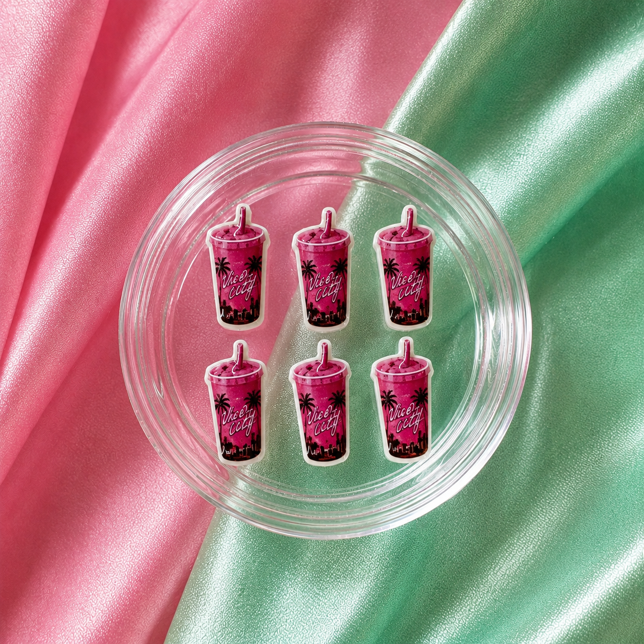 6pcs pink cup nail charms for GTA-inspired Vice City gamer nails, Y2K press-ons and custom nail art