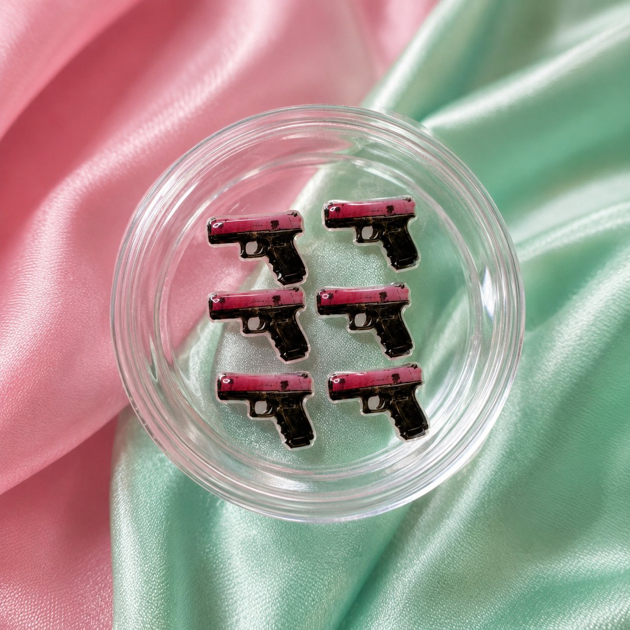 6pcs pink gun nail charms for GTA-inspired gamer nails, Vice City-style press-ons and statement nail art