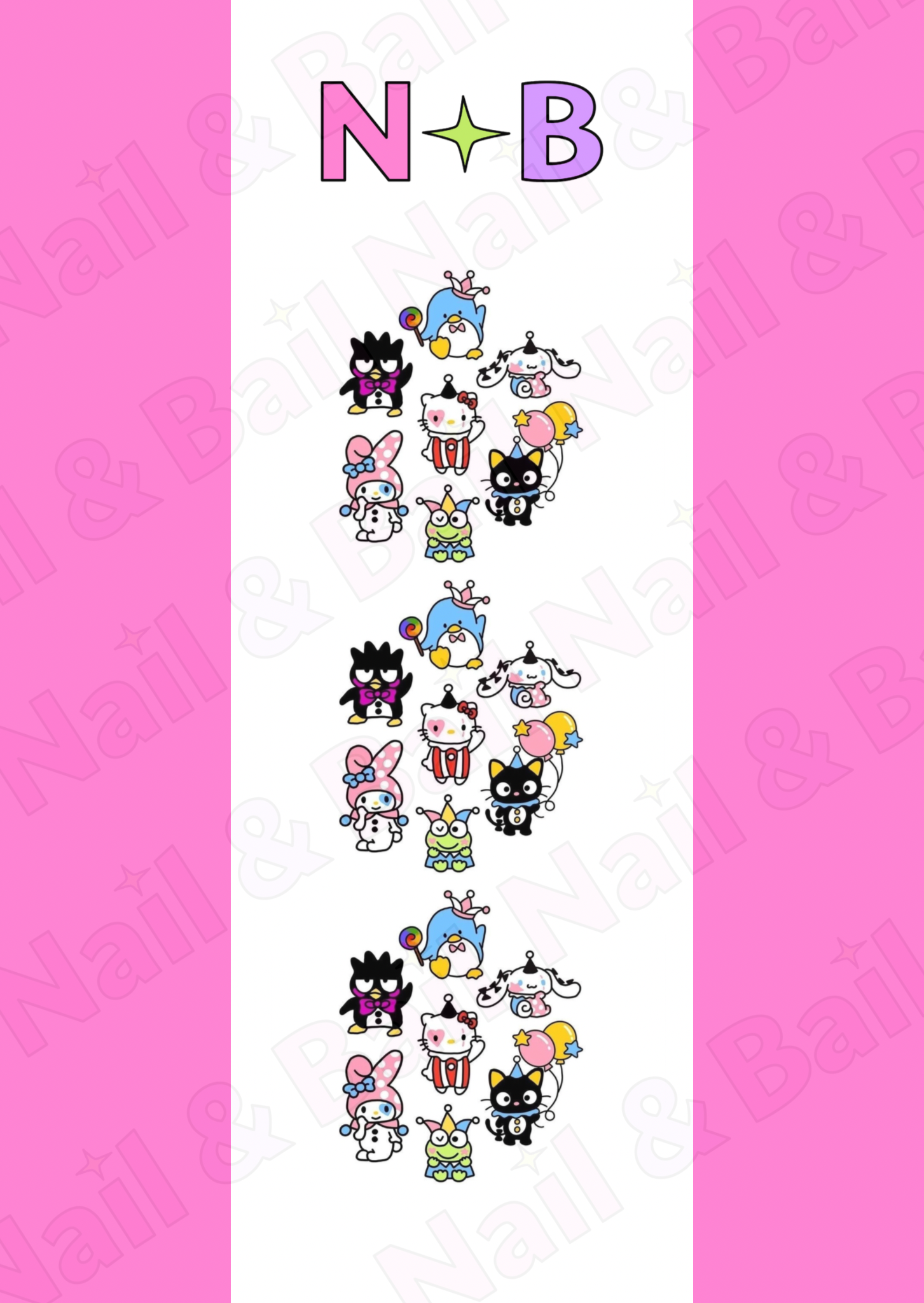 Introducing Circus Cuties! This charming set of nail decals features adorable characters inspired by your favourite Sanrio friends, dressed as playful clowns and enchanting circus performers. With vibrant colours and fun designs, these easy-to-apply decals are perfect for adding a joyful touch to any manicure. Bring the magic of the circus to your nails with Circus Cuties!