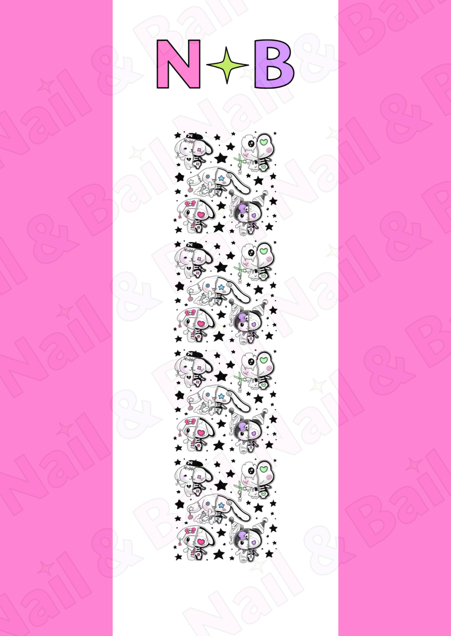 Meet Kawaii Spooksters! These nail decals feature split designs—one side with cute stitches and melting features, the other side showcasing a charming skeletal form. Perfect for adding a playful yet spooky touch to your manicure!