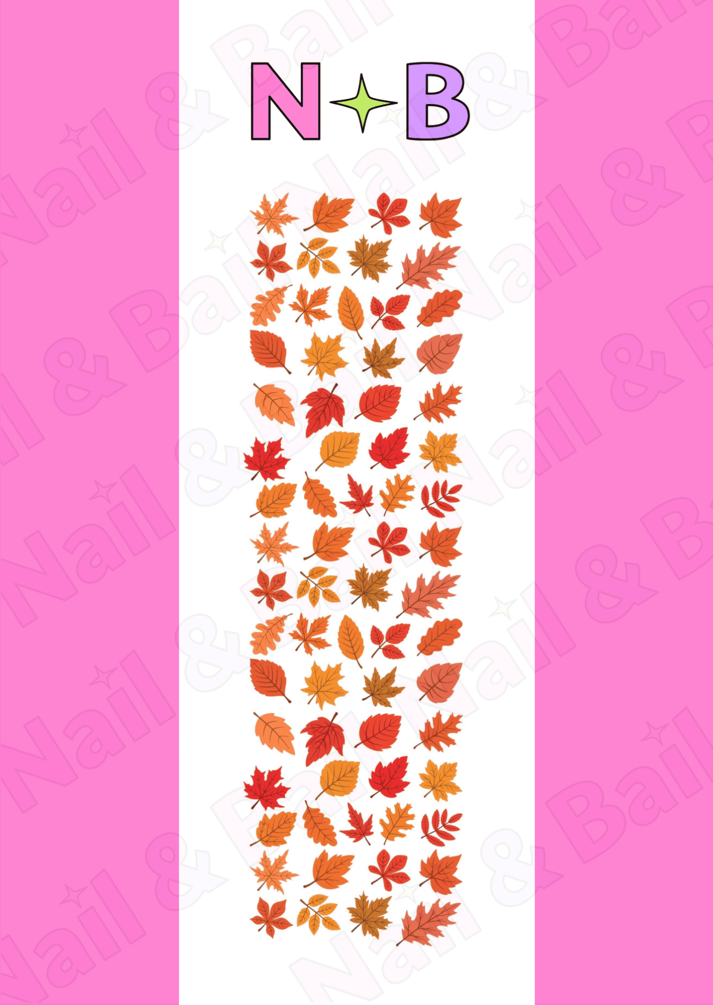 Sheet of fall leaf nail art decals with 'Nail & Bail' branding.