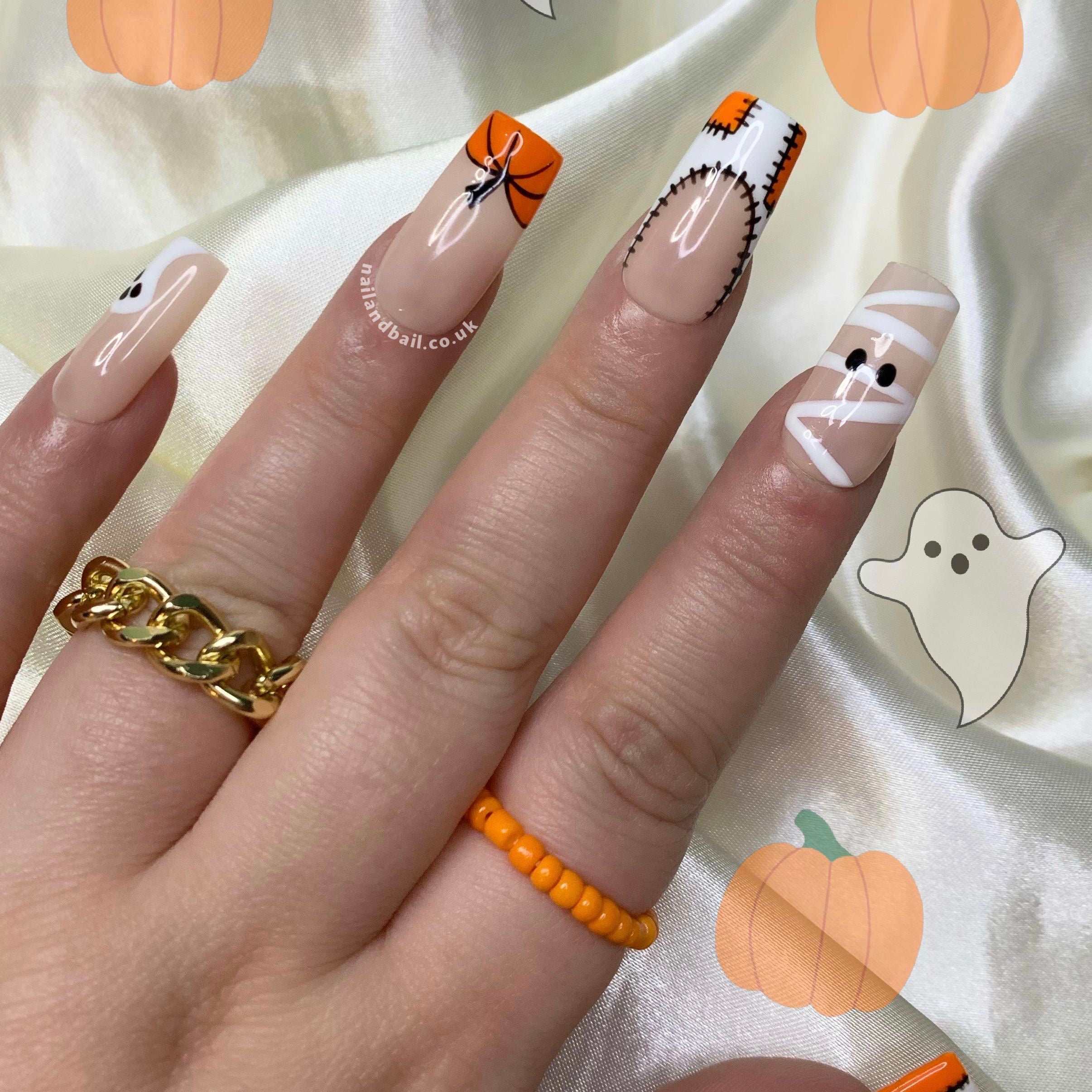 Introducing "Pumpkin Patch" Press-On Nails – the ultimate Halloween nail art with a whimsical twist! Featuring nude bases adorned with hand-painted patchwork French tips, mummies, pumpkins, and playful ghosts, these nails are a delightful celebration of the season. Get ready to stand out effortlessly! Order now and let your nails become a charming work of art. 🎃💅