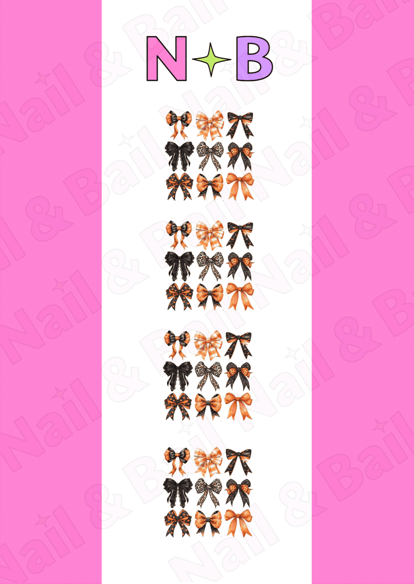 Sheet of halloween bow nail decals with 'Nail & Bail' branding.