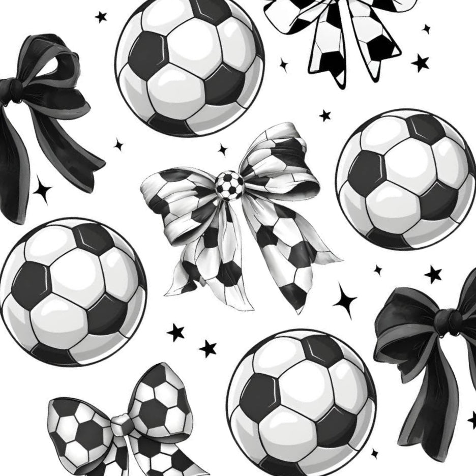 Kickin’ Cute waterslide nail decal sheet featuring 27 football nail decals with black and white coquette bows and footballs.