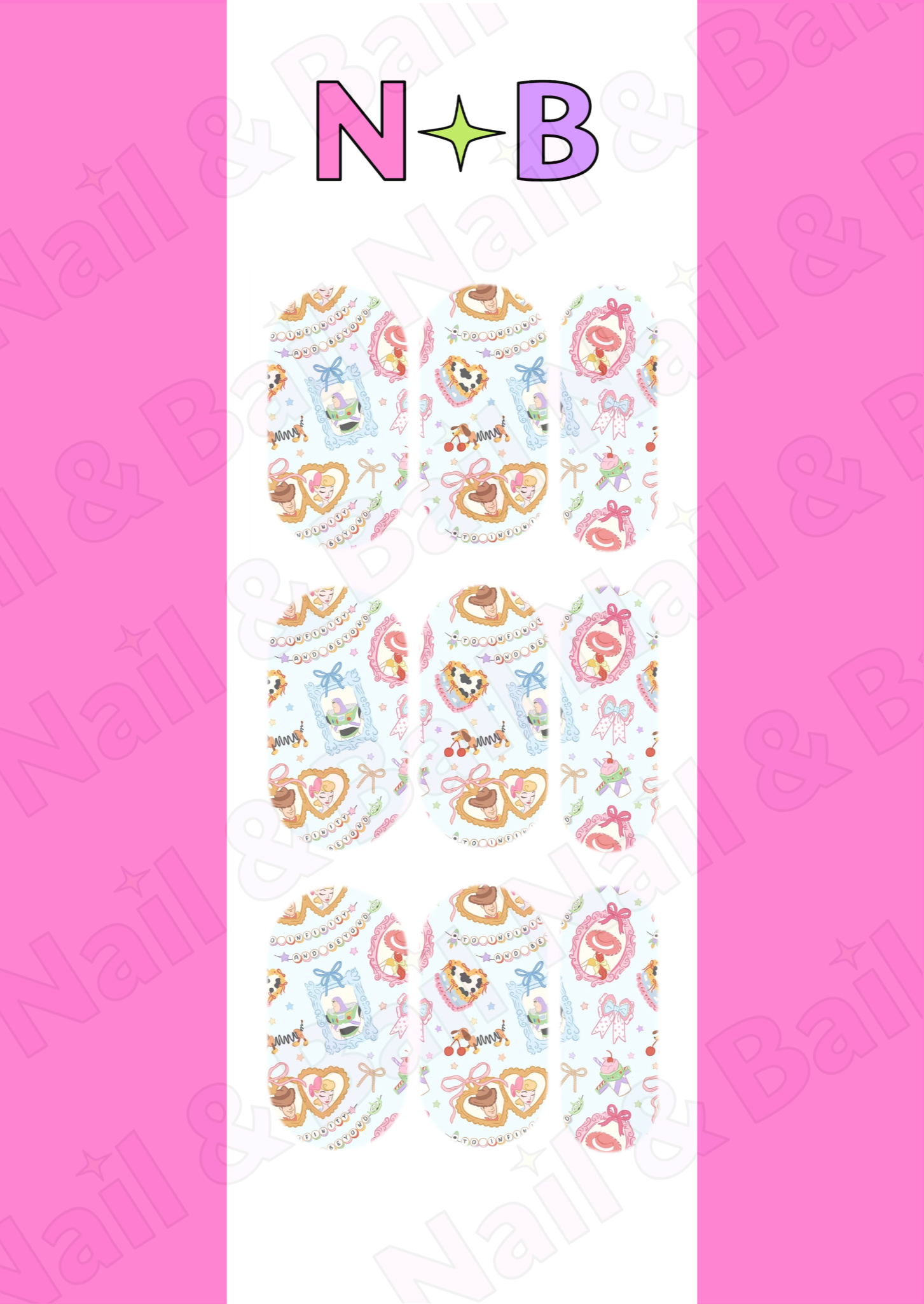 Bo’s Boutique handmade waterslide nail decals with pastel bows, cowgirl and cowboy artwork and cute nail art designs. Toy Story inspired 