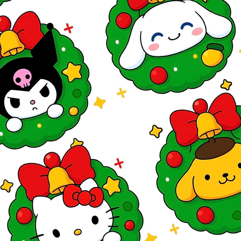 Sanrio Season nail decals featuring Hello Kitty, My Melody, Kuromi, Cinnamoroll, and PomPomPurin in Christmas wreaths