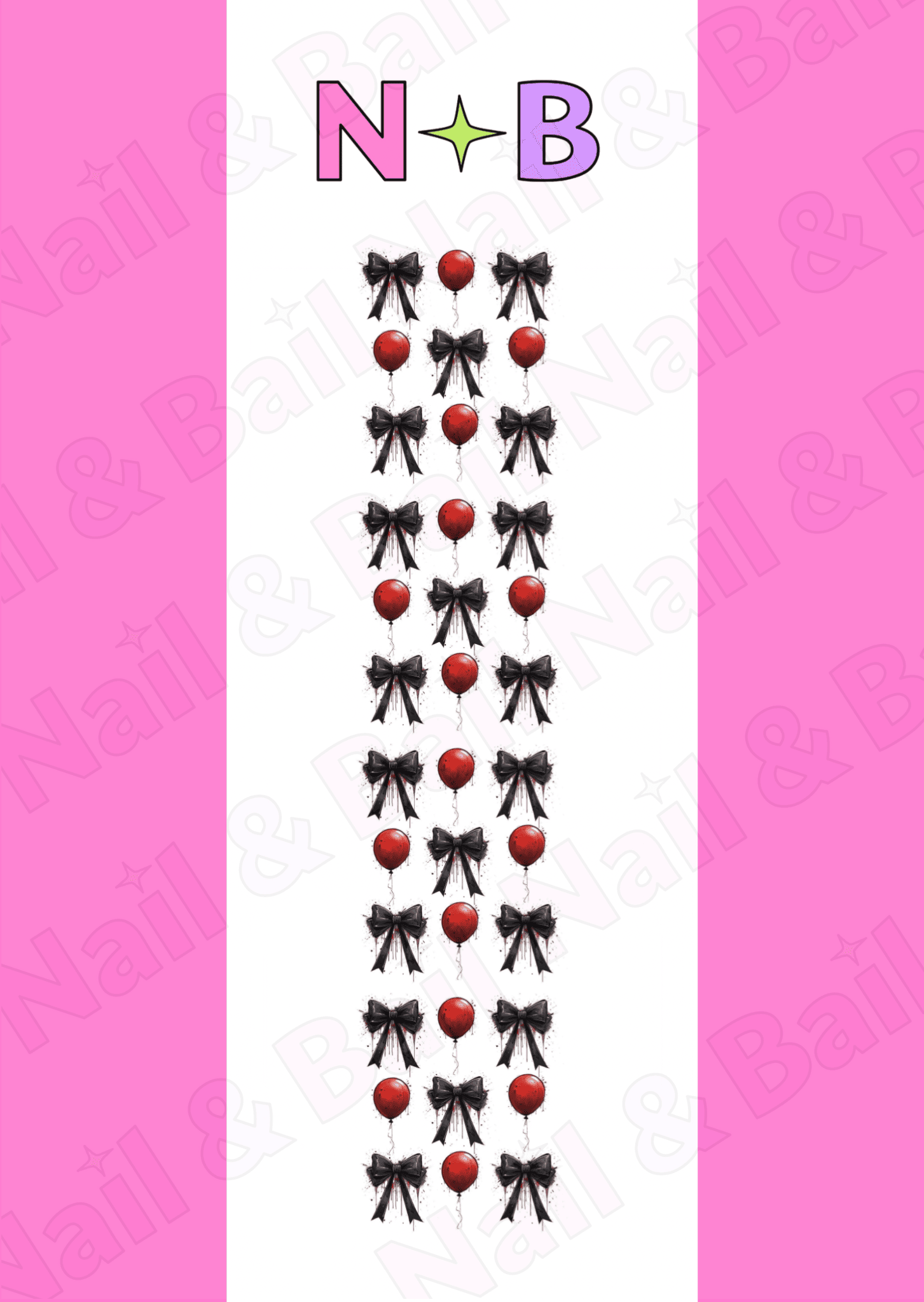Sheet of red balloon and black bow nail art decals with 'Nail & Bail' branding.