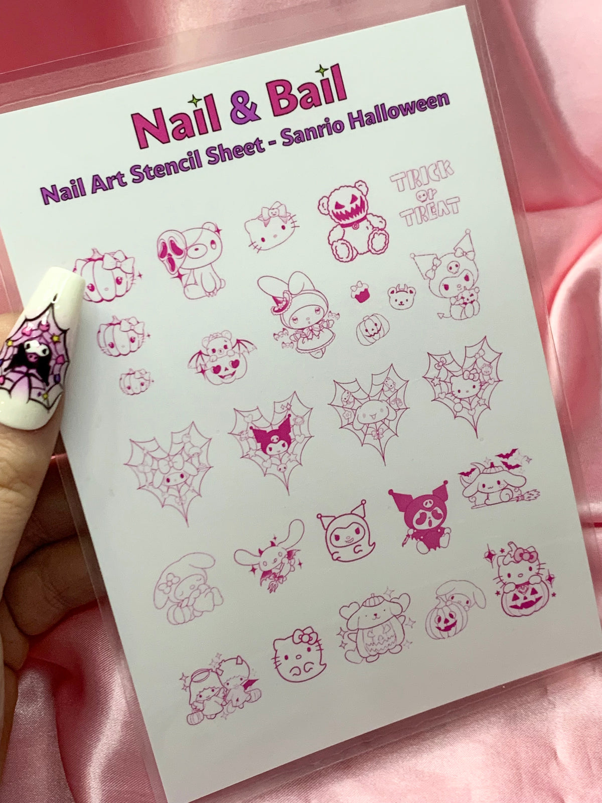 Set your nails apart from the pack with this Halloween-themed kawaii nail art stencil sheet! You'll be the hit of the party and get some wickedly cute compliments with these kawaii stencils featuring all your favorites to give your mani a little extra spooky oomph!