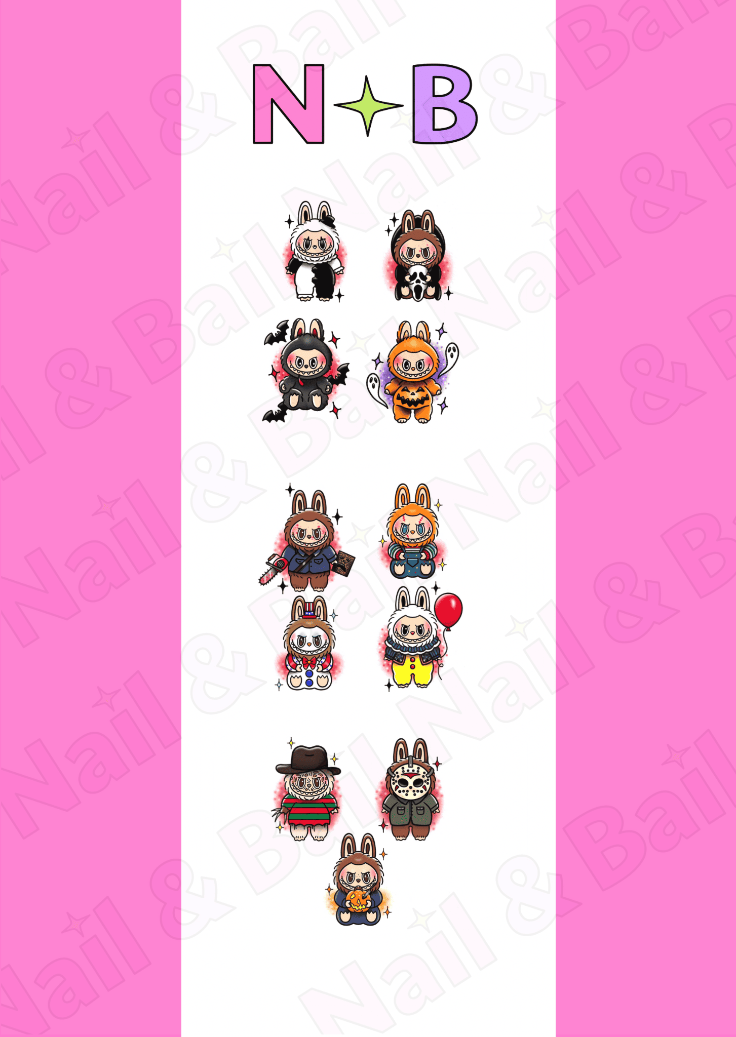 Sheet of halloween Labubu nail decals with 'Nail & Bail' branding.