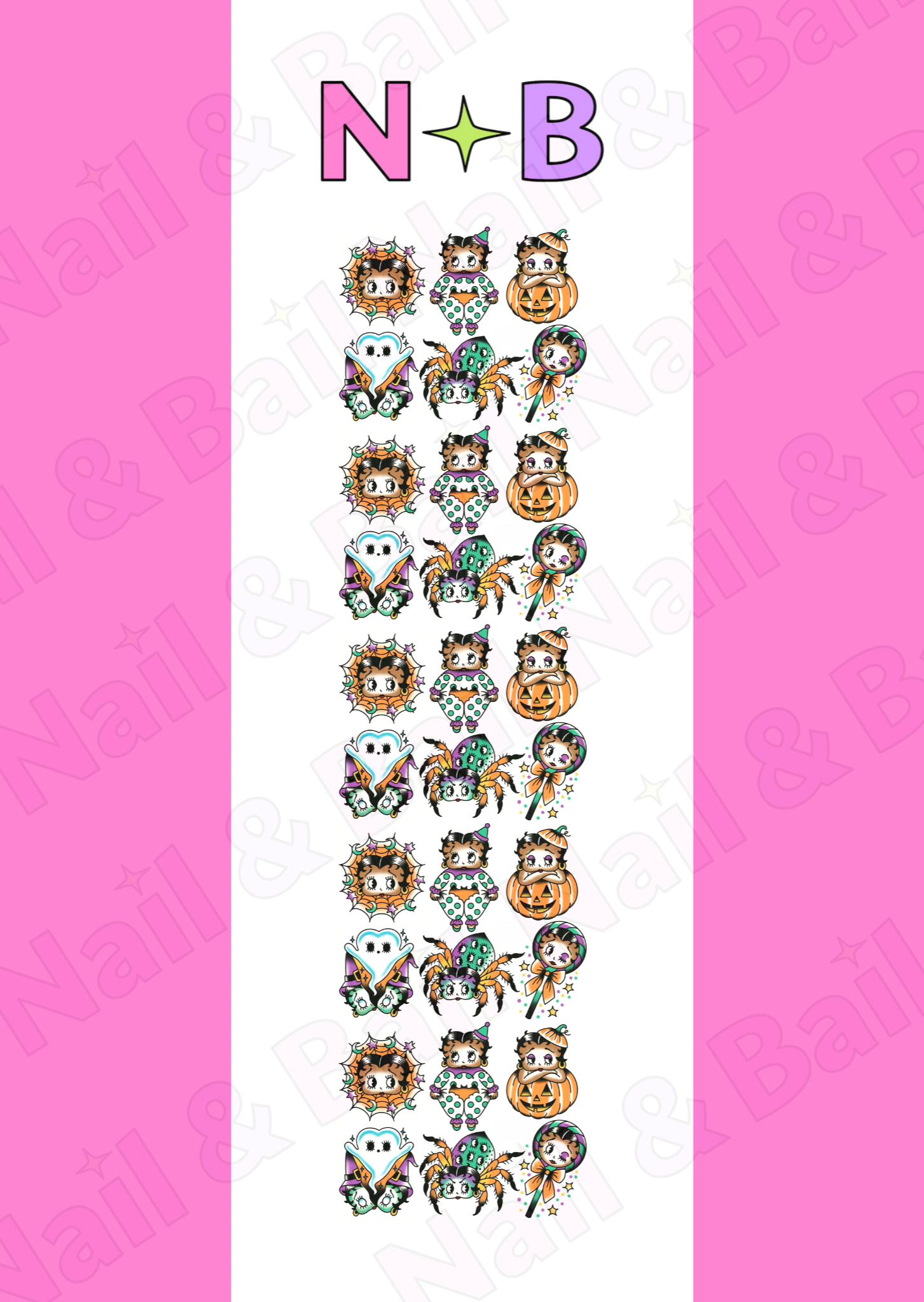 Introducing Betty’s Fright Night – a set of 30 spooky yet stylish nail decals featuring a vintage-inspired character in Halloween-themed designs. From spiders and pumpkins to witches and clowns, these easy-to-apply decals add a fun, eerie touch to any manicure. Perfect for a frightfully glamorous look this Halloween!