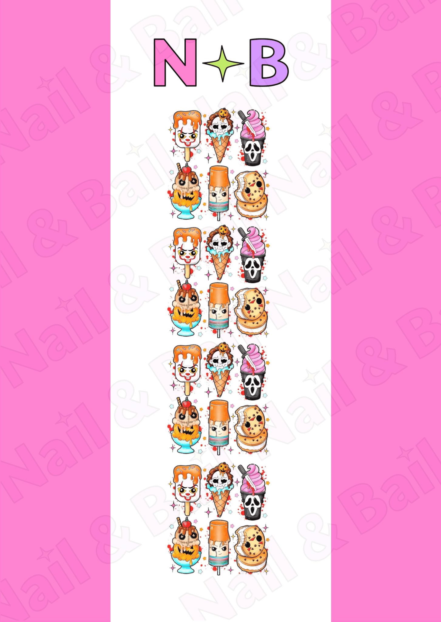 Sheet of halloween killer ice cream nail decals with 'Nail & Bail' branding.