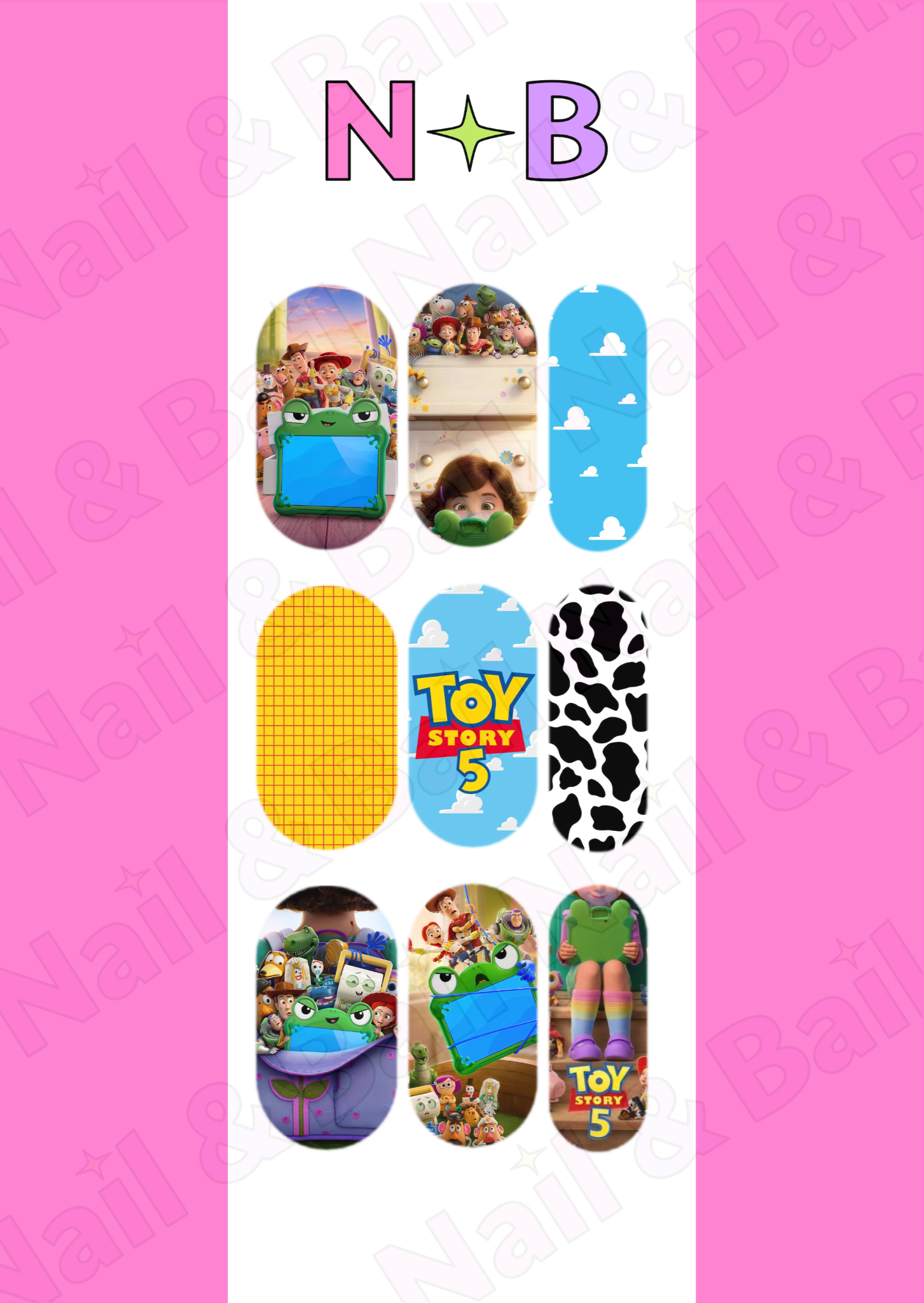 Lily Pad Adventures handmade waterslide nail decals featuring cloud, Toy Story 5 inspired backgrounds and colourful artwork.