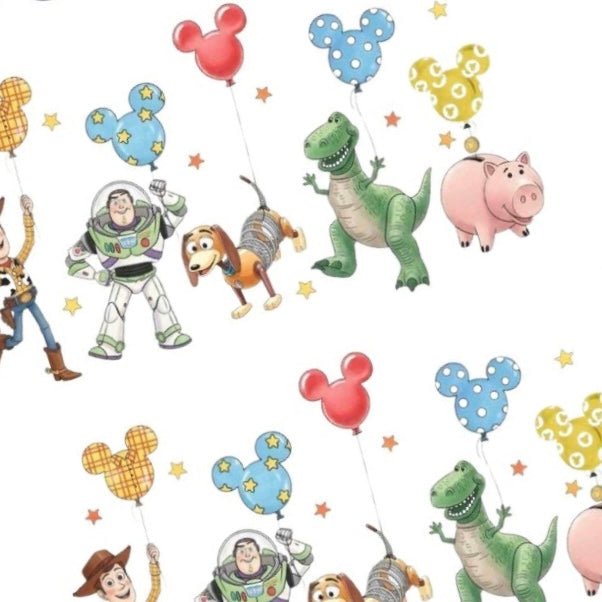 Close up of Park Day Pals handmade nail decals with balloon Toy Story inspired nail art.