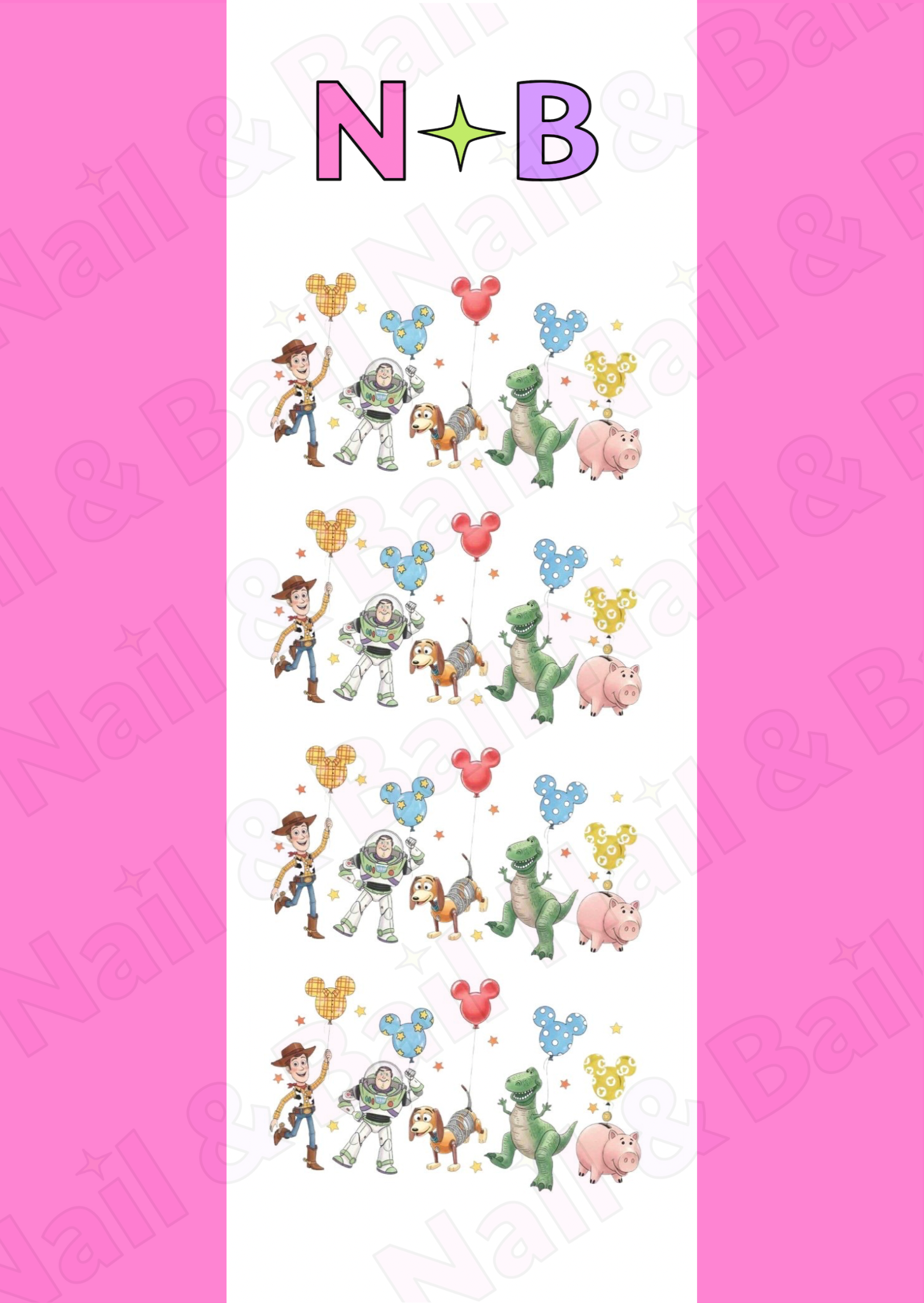 Park Day Pals handmade waterslide nail decals with colourful balloons and playful Toy Story character artwork.
