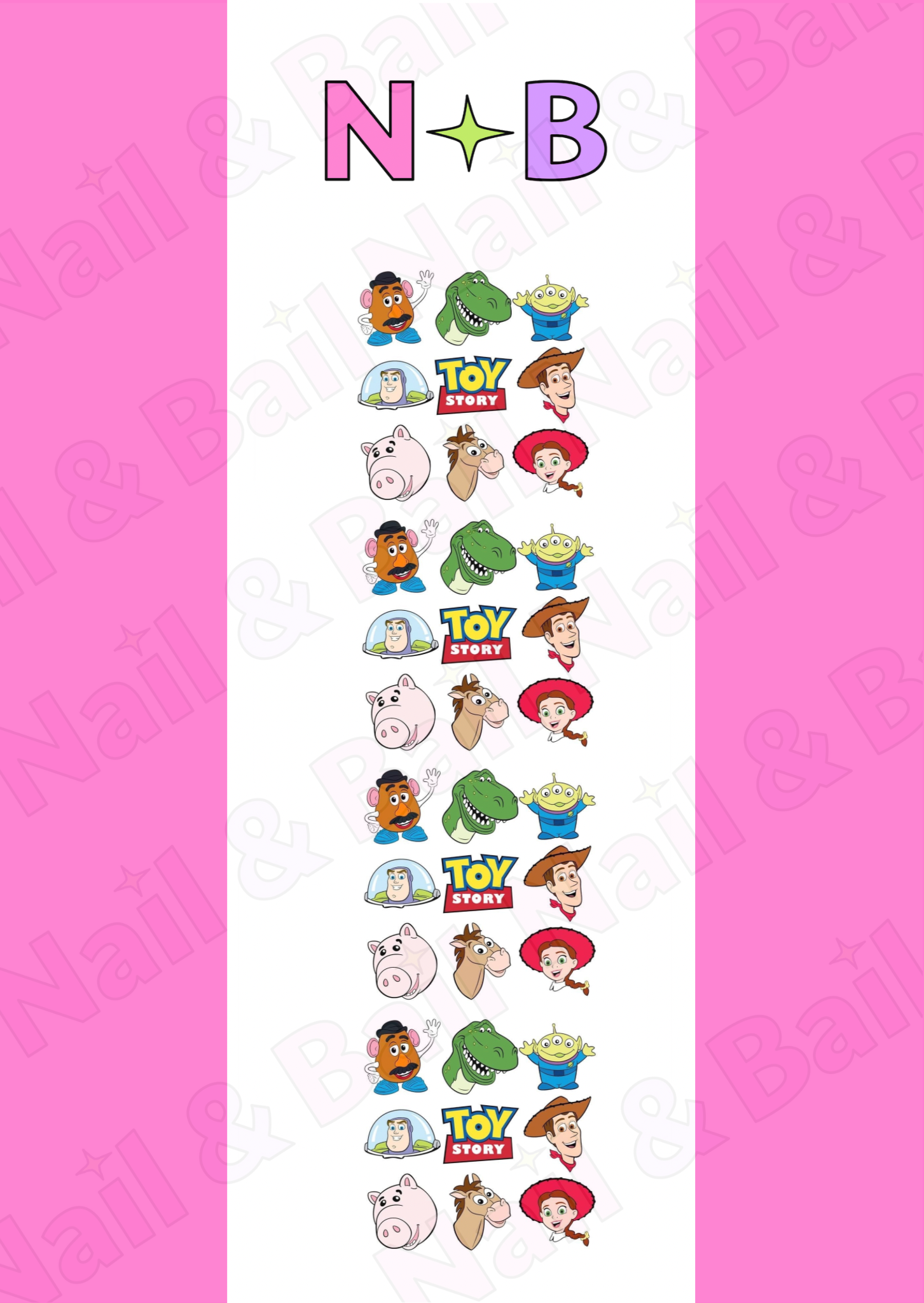 The Toy Box Crew handmade waterslide nail decals featuring colourful Toy Story inspired character artwork.