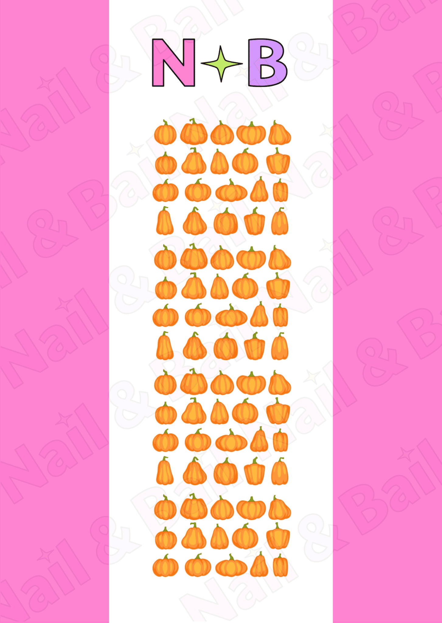 Sheet of small orange pumpkin nail art decals with 'Nail & Bail' branding.