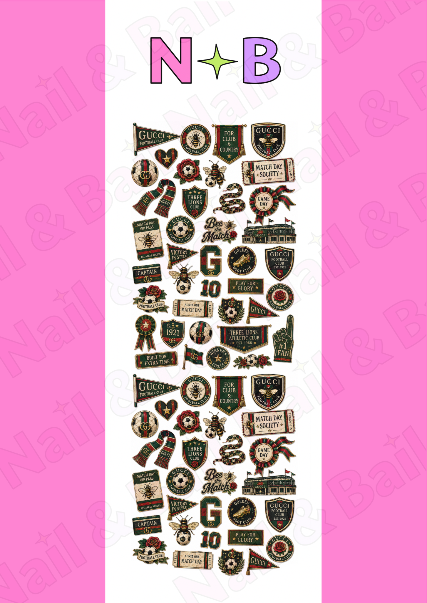 Football nail decals with bee motifs, football artwork and designer-inspired match-day details