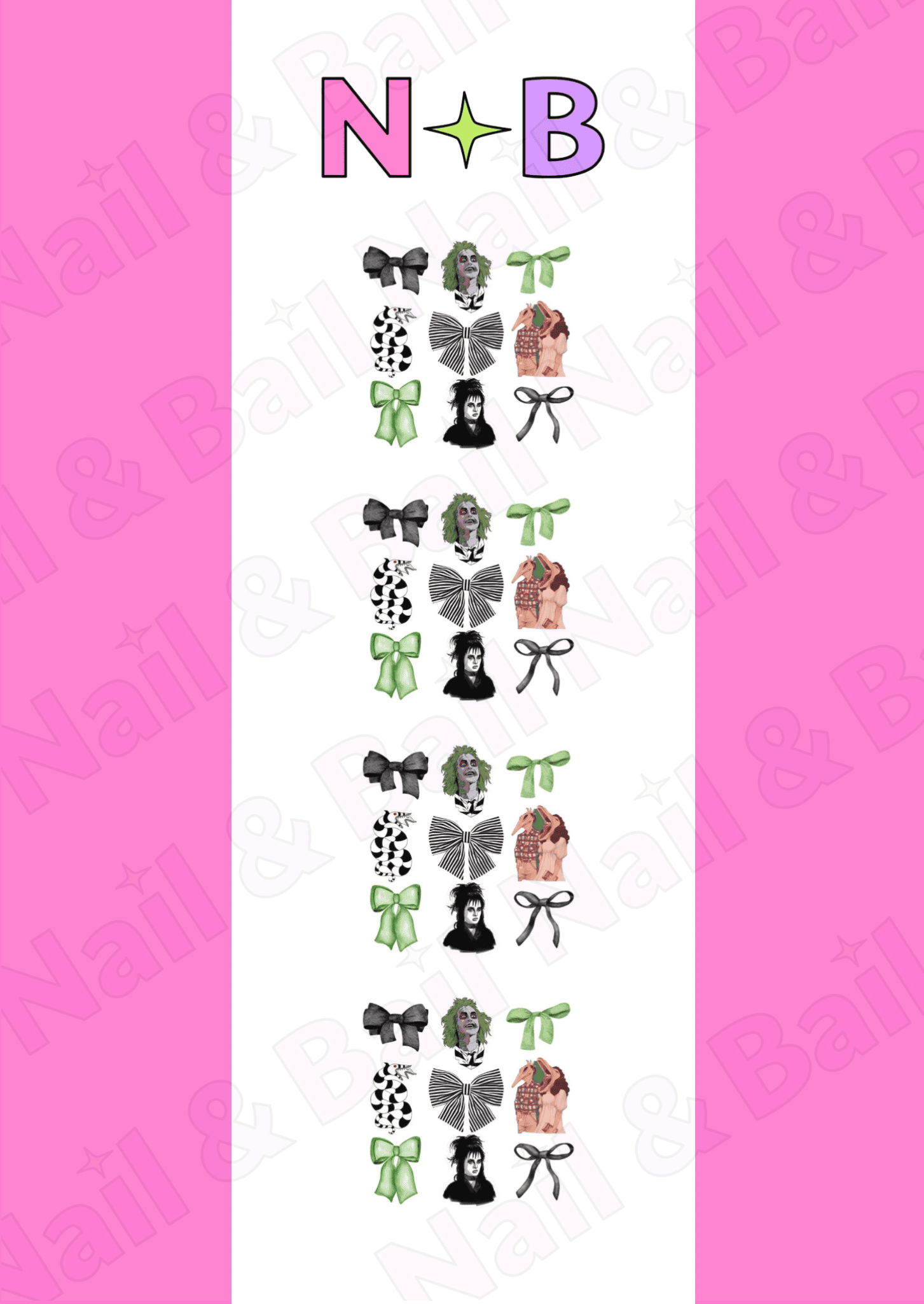 Sheet of beetlejuice and bows nail art decals with 'Nail & Bail' branding.