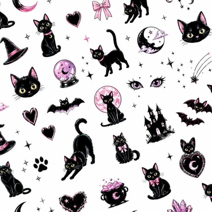 Black Cat Club Halloween nail decal sheet with black cats, moons, stars, bows and witchy details.