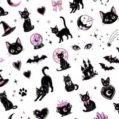 Black Cat Club Halloween nail decal sheet with black cats, moons, stars, bows and witchy details.
