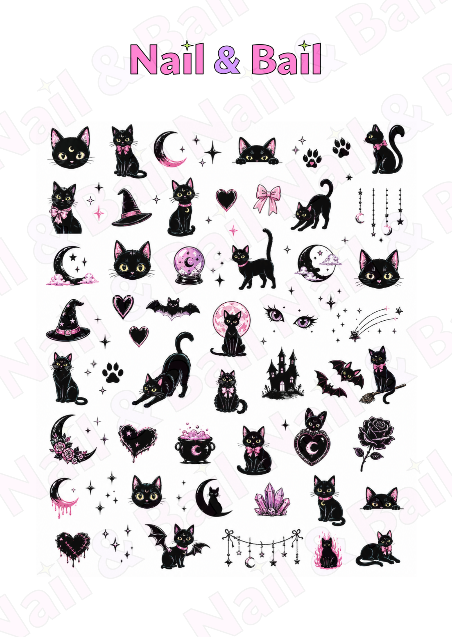 A sheet of Halloween-themed nail art decals featuring black cats, pink bows, witch hats, bats, moons, and stars on a white background with 'Nail & Bail' written at the top.