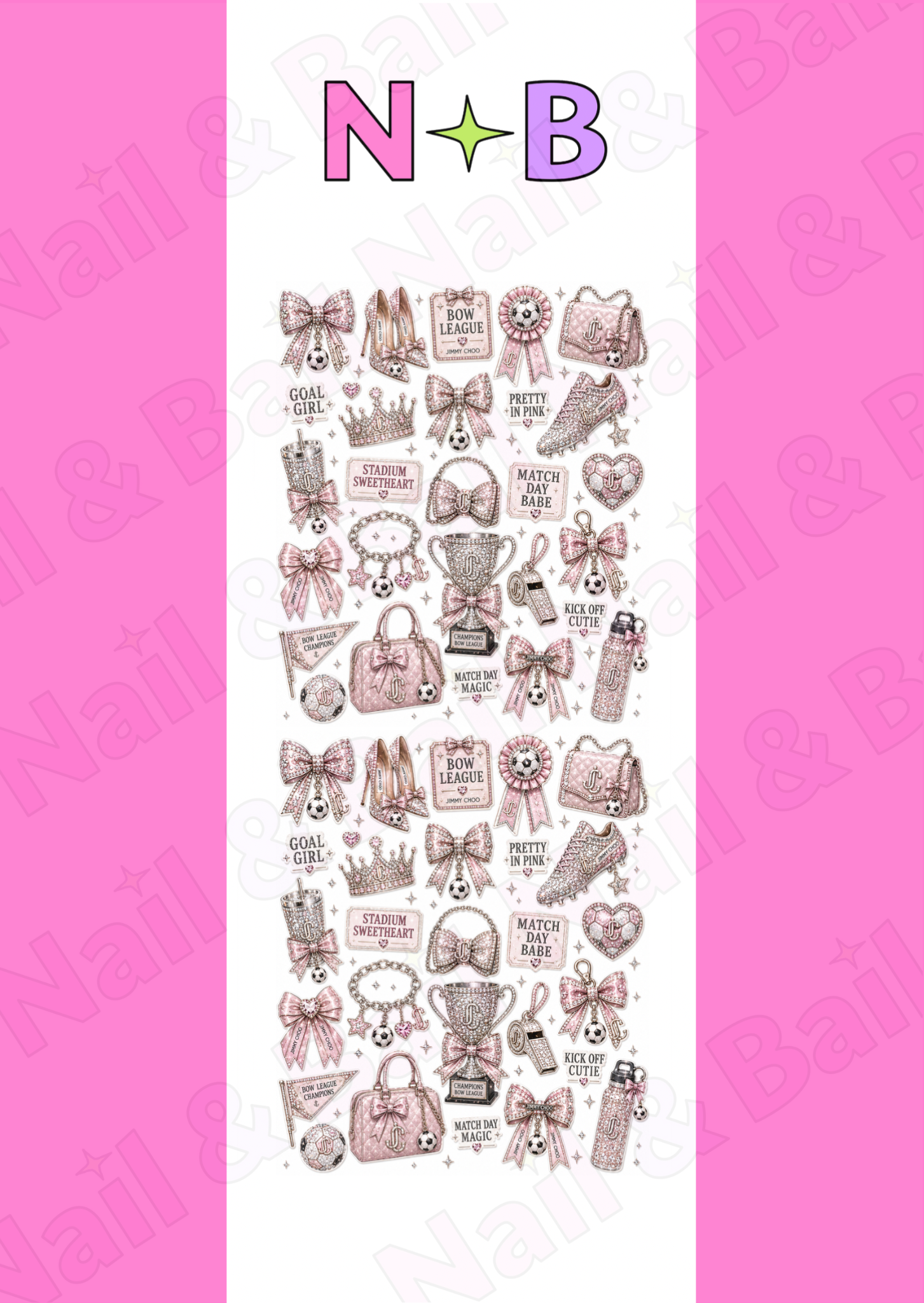 Girly football nail decals with bows and football-inspired artwork