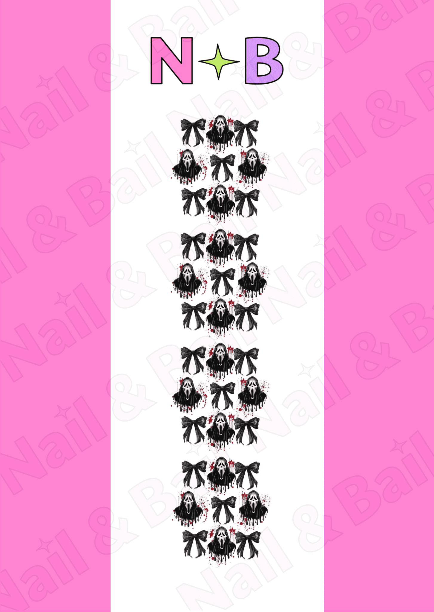 Sheet of ghostface and black bows nail art decals with 'Nail & Bail' branding.