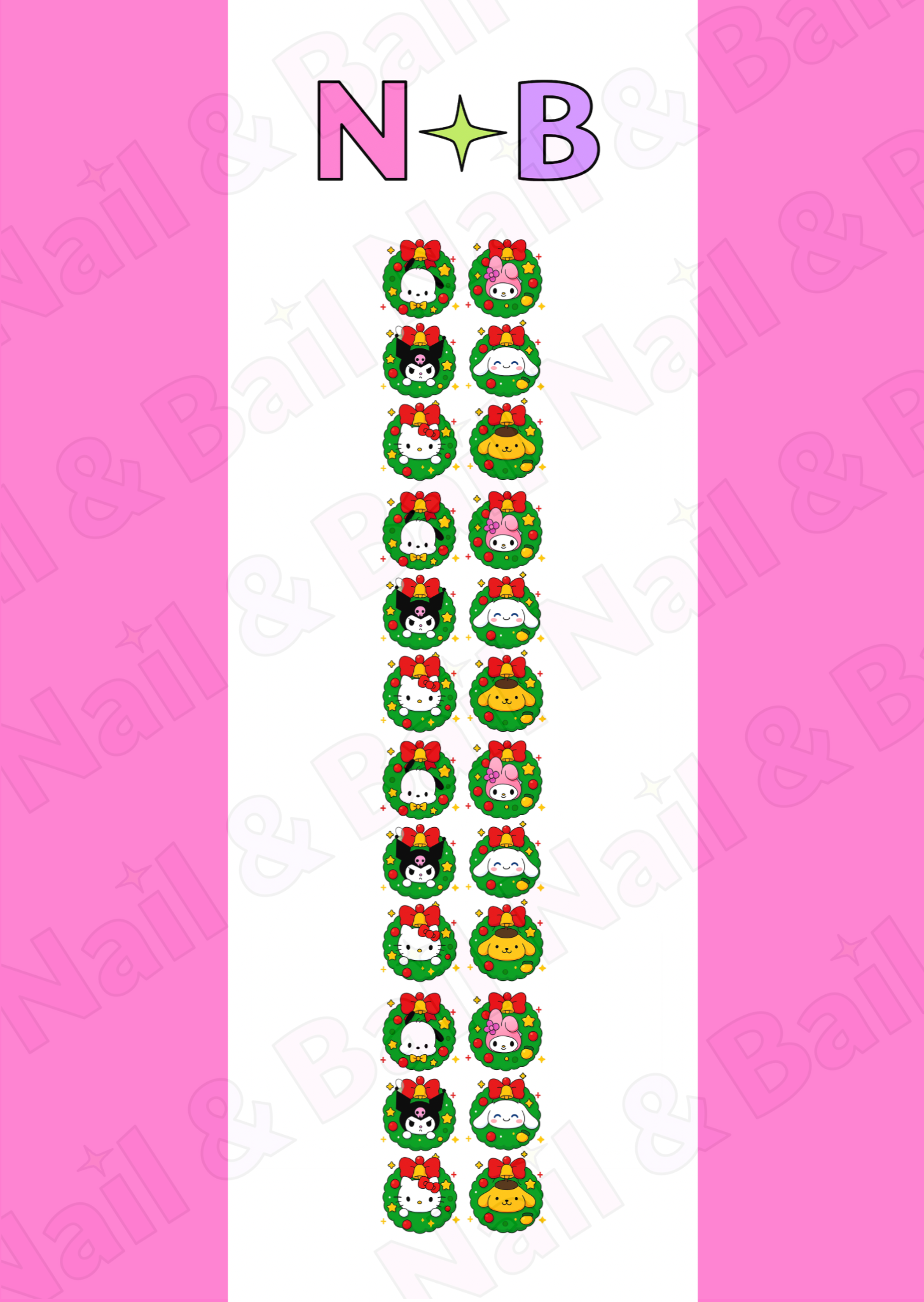 Festive nail decals with Sanrio-inspired characters inside wreaths decorated with bows and colourful lights