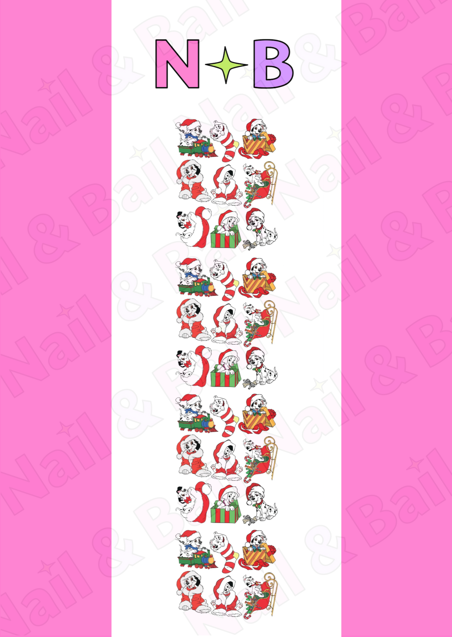 Festive nail decals with adorable Dalmatian puppies wearing Santa hats and surrounded by Christmas decorations