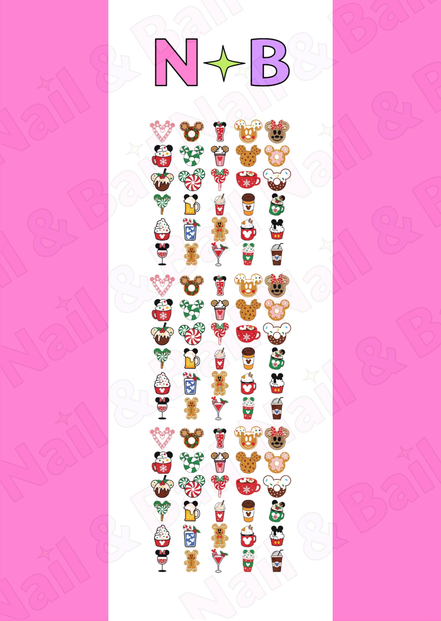Festive nail decals with holiday cookies, milkshakes, hot cocoa, candy canes, and Christmas character designs