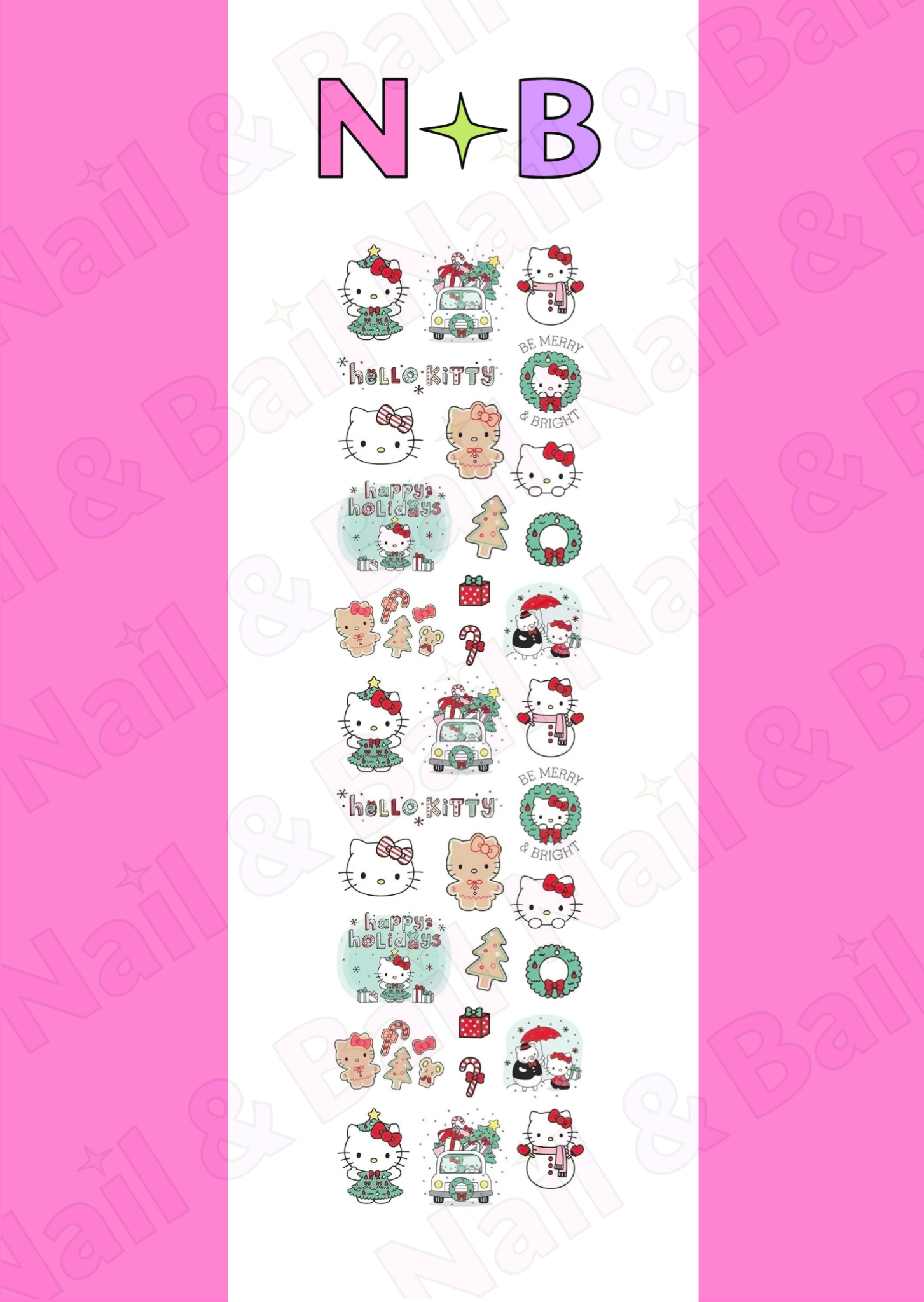 Festive nail decals with Hello Kitty-inspired holiday scenes, Christmas trees, candy canes, and presents