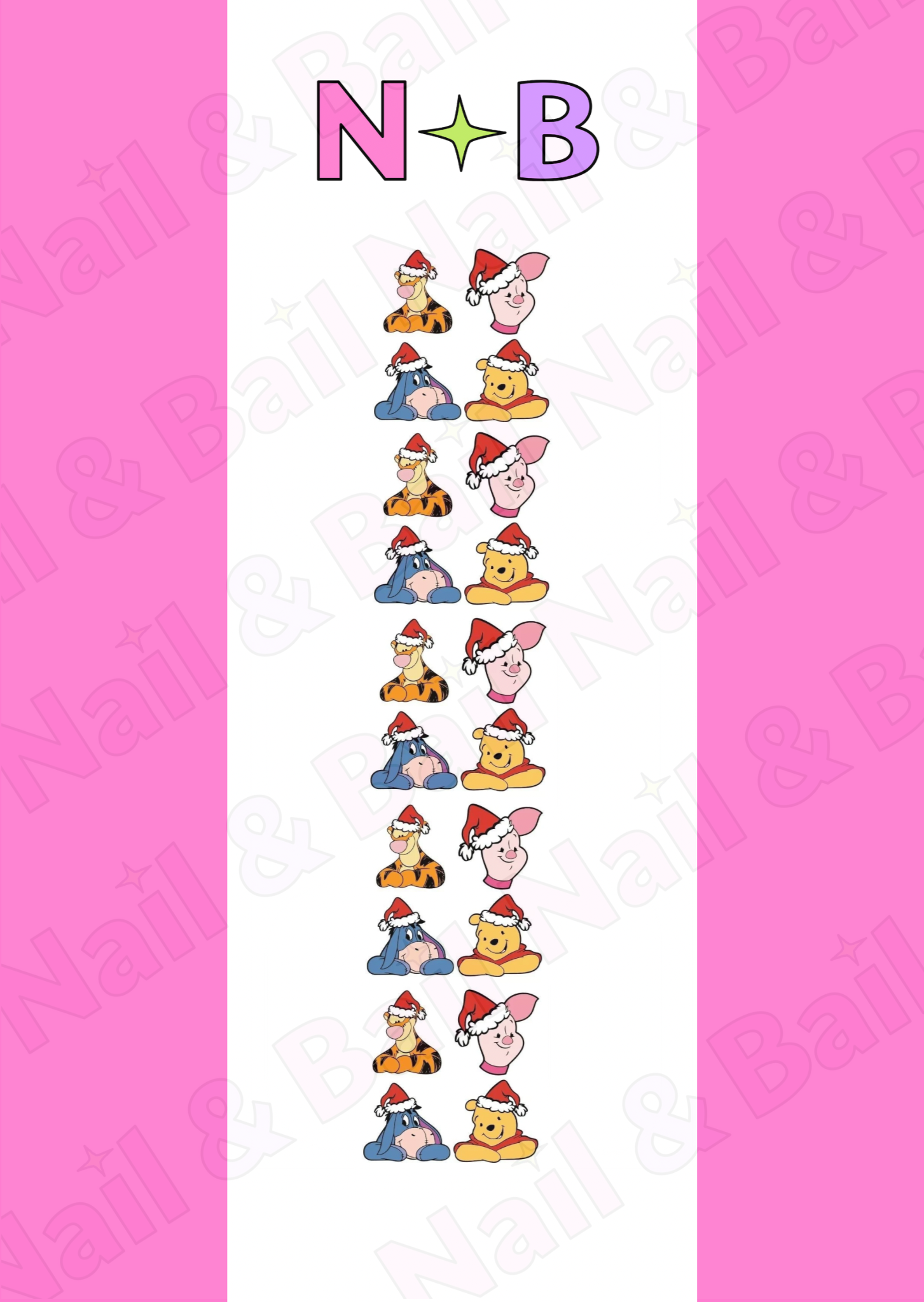 Festive nail decals featuring Winnie the Pooh and friends in Christmas Santa hats