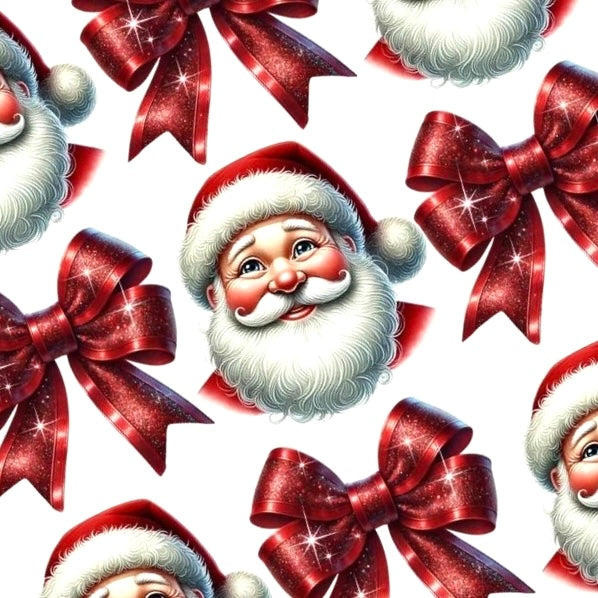 Crimson Claus nail decals featuring vintage Santa faces and deep red glitter bows for elegant Christmas nail art