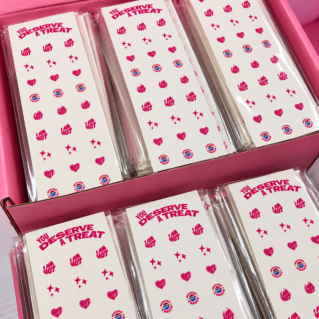 Packaged custom Pepsi event nail decal sheets prepared as a large branded order