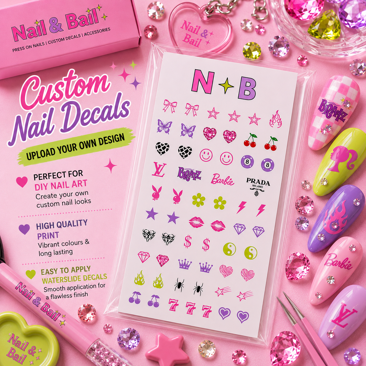 Custom waterslide nail decals for DIY nail art and press-on nails with colourful kawaii-inspired designs