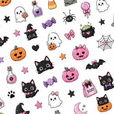 Cute Spooky Halloween nail decal sheet with ghosts, black cats, pumpkins, bats and colourful candy.