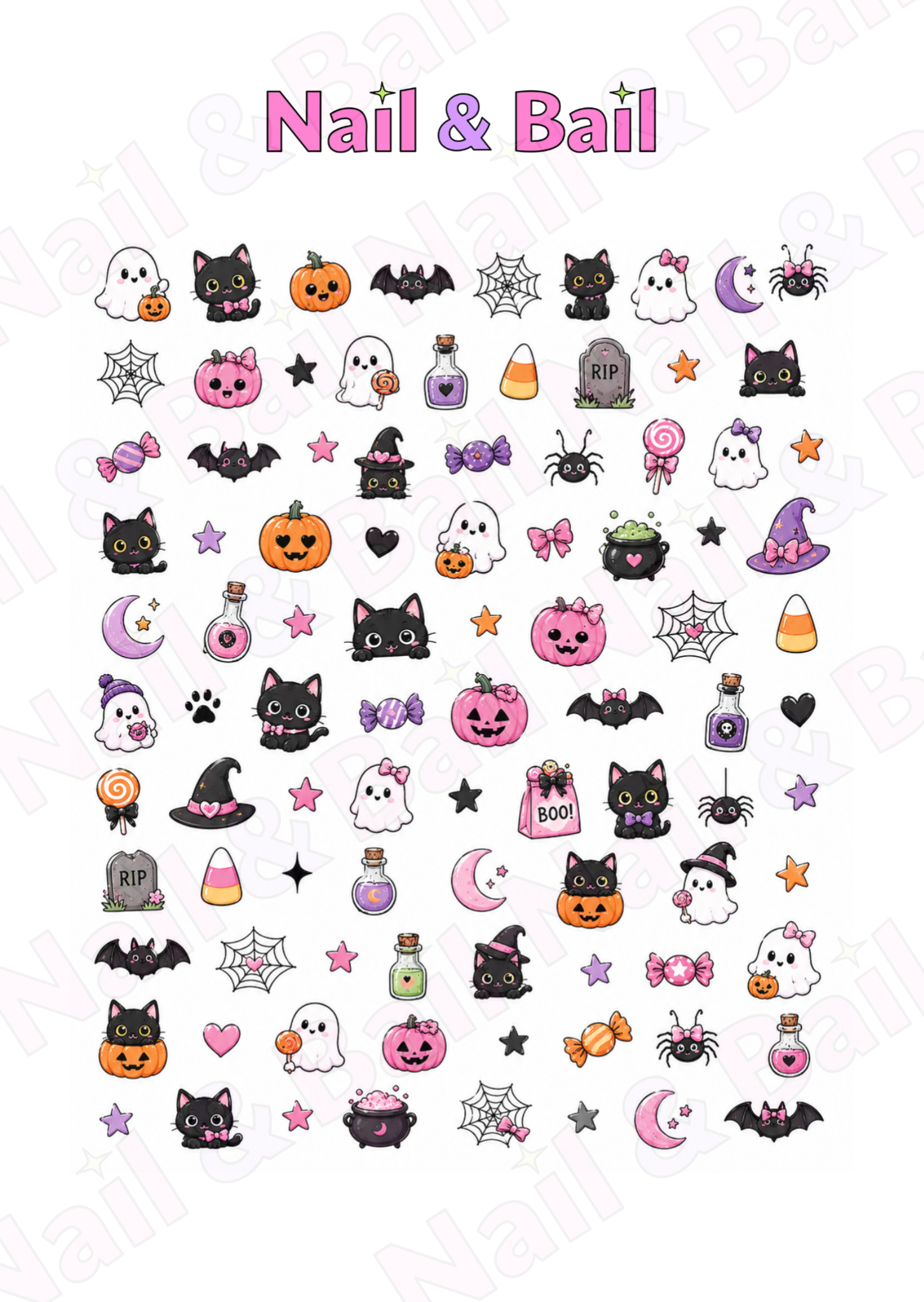 A sheet of Halloween-themed nail decals featuring cute illustrations of black cats, pumpkins, ghosts, bats, witches' hats, spiders, candy corn, and stars in pink, orange, purple, and black.
