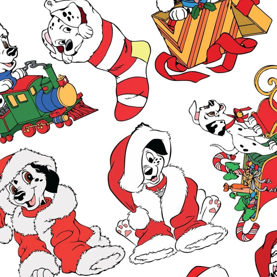 Dalmatian Dreams nail decals featuring Dalmatians in Santa hats with gifts, candy canes, stockings, and sleighs