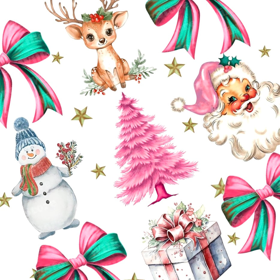 Dreamy Noel nail decals featuring pastel Christmas trees, bows, Santa faces, reindeer, snowmen, and presents