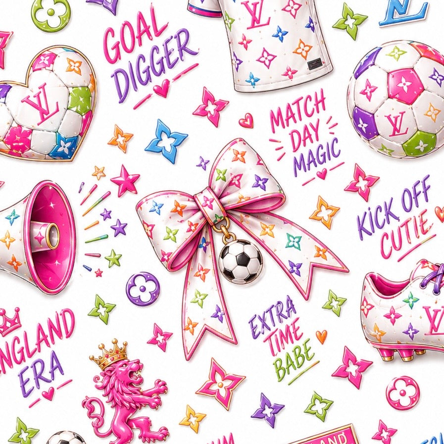 Colourful England football nail decals featuring footballs, bows and hearts
