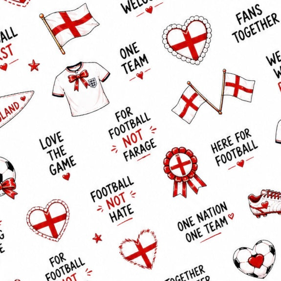 For Football, Not Farage waterslide nail decal sheet featuring 85 England football nail decals with positive slogans, footballs, flags and bows.