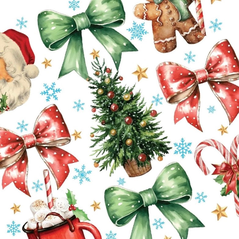 Festive Vintage nail decals featuring Santa faces, Christmas trees, gingerbread men, hot cocoa mugs, candy canes, and bows