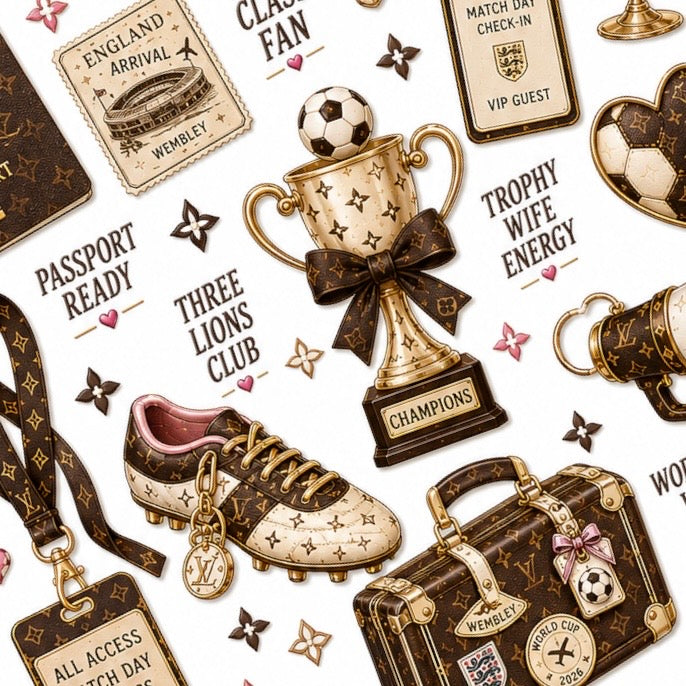 Football travel nail decals featuring passports, tickets and football-inspired designs