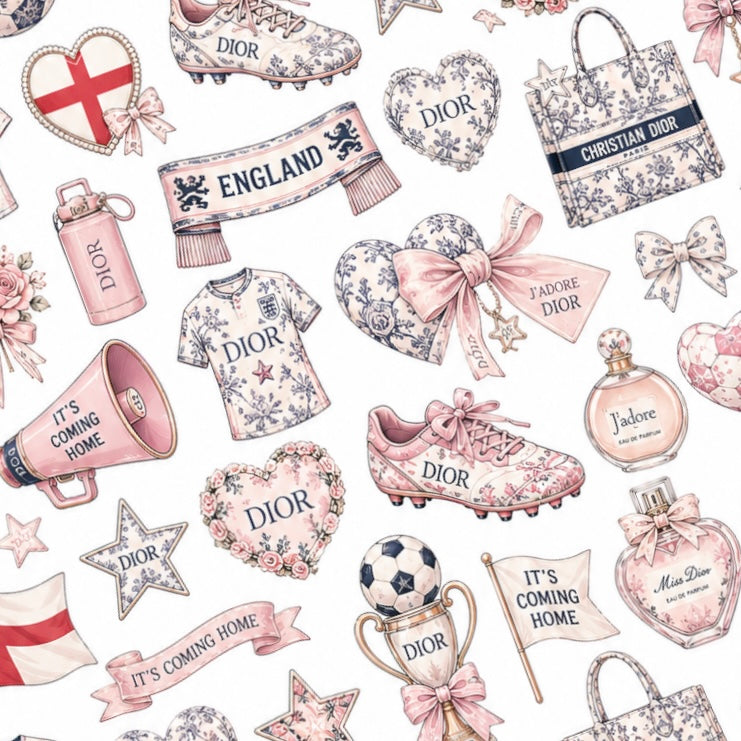 Designer Derby waterslide nail decal sheet featuring 65 floral luxury-inspired football nail decals with bows and designer-style patterns.