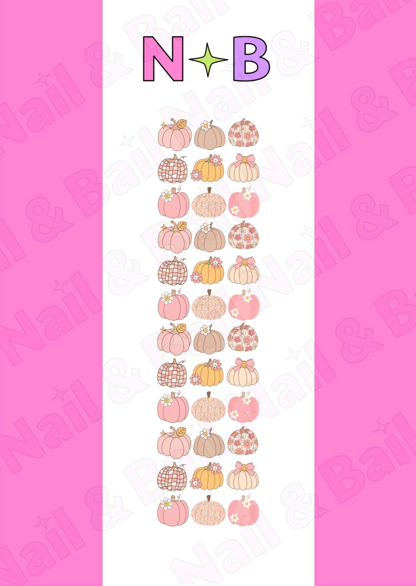 Sheet of flower power pumpkin nail art decals with 'Nail & Bail' branding.